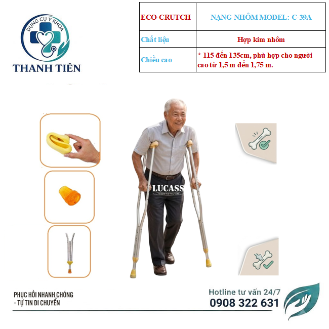 (Hỏa Tốc ) Nạng Tập Đi Nhôm ECO- CRUTCH - Nạng Nhôm Lucass Cho Người Lớn - Trẻ Em