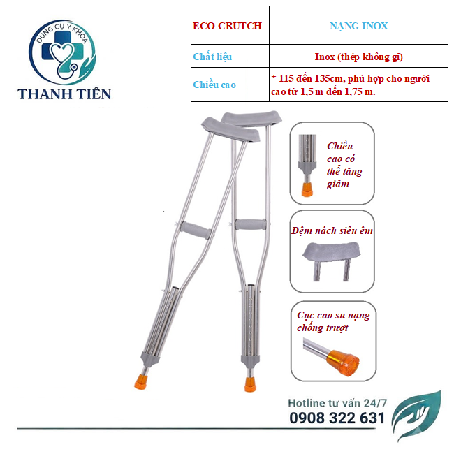 Nạng Tập Đi Inox Crutch VCS-100 (C-192S/C-92S cũ) - Nạng Inox Cao Cấp Lucass Cho Người Lớn - Trẻ Em