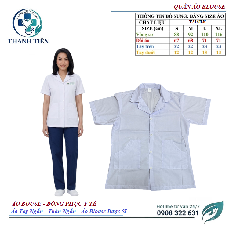 Áo Bouse Nữ Trắng Tay Ngắn Thân Ngắn Vải Silk - Áo Blouse Nữ - Kĩ Thuật Viên Y Tế - Áo Cho Dược Sĩ