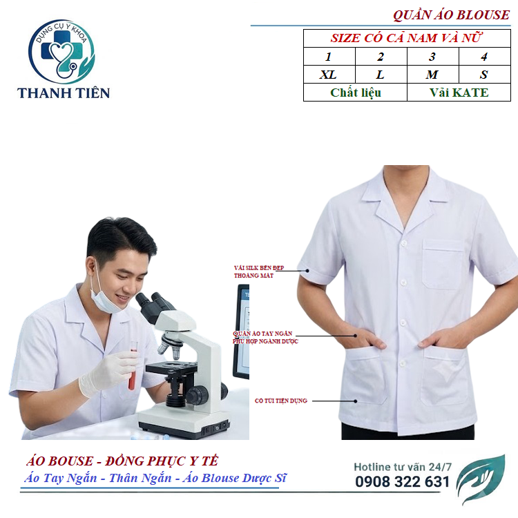 Áo Bouse Nam Trắng Tay Ngắn Thân Ngắn Vải KATE - Áo Blouse Nam - Kĩ Thuật Viên Y Tế - Áo Cho Dược Sĩ - Đồng Phục Phòng Lab