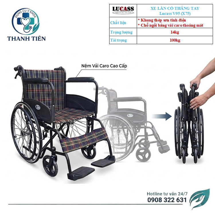 Xe Lăn Tay Có Thắng Tay Cho Người Đẩy Lucass V95 Mã cũ X75 - Xe Lăn Cho Người Già - Xe Lăn Cho Bệnh Nhân